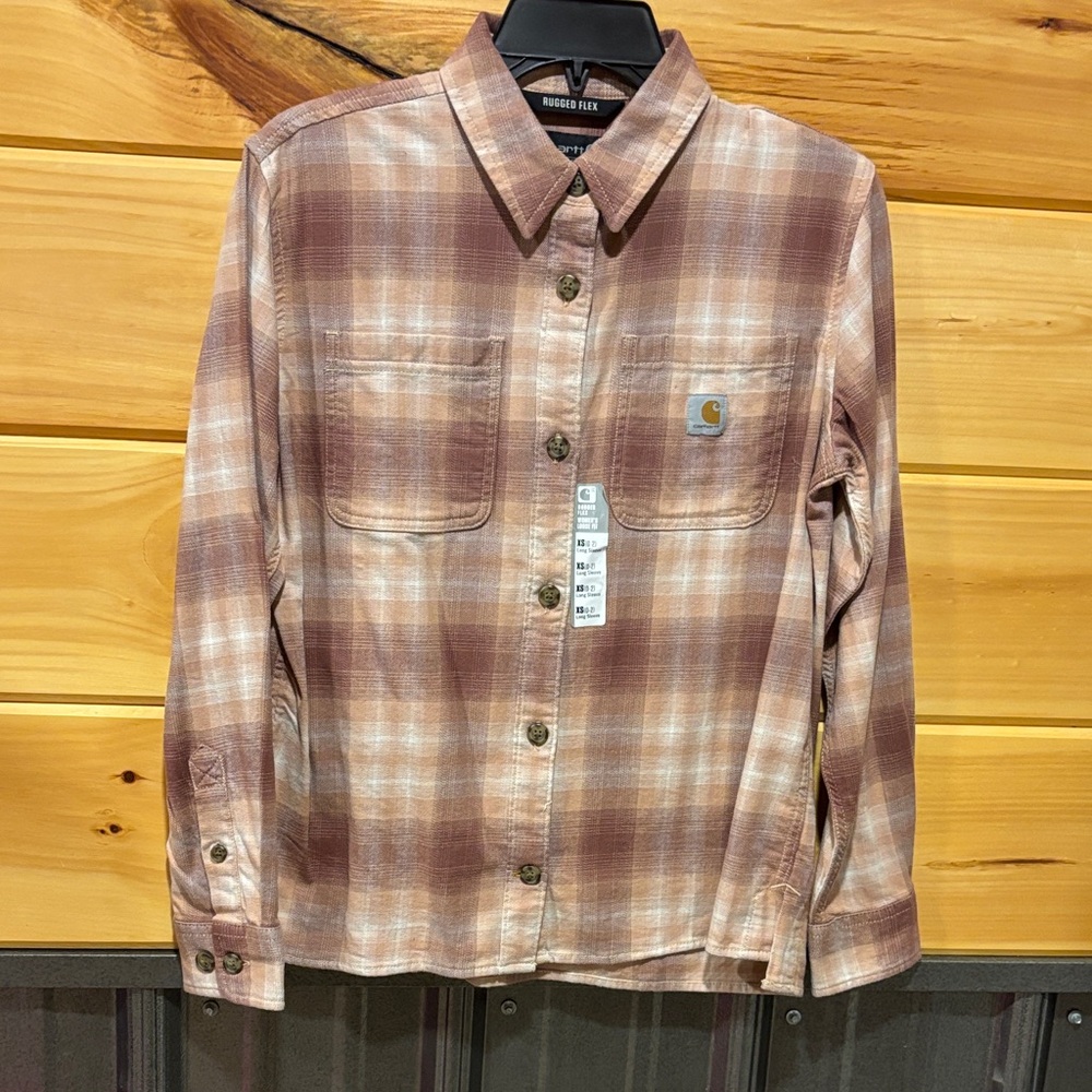 Carhartt Women's Brown Plaid Button Down Shirt Rugged Flex NWT loose fit size xs